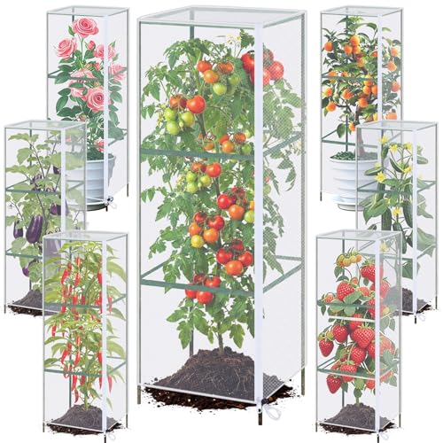 6 Pack Tomato Cage Covers, 18" x 60" Fine Mesh Plant Covers with Zipper & Drawstring, Reusable Garden Netting Protector Against Birds, Insects & Animals for Tomatoes, Peppers, Cucumbers