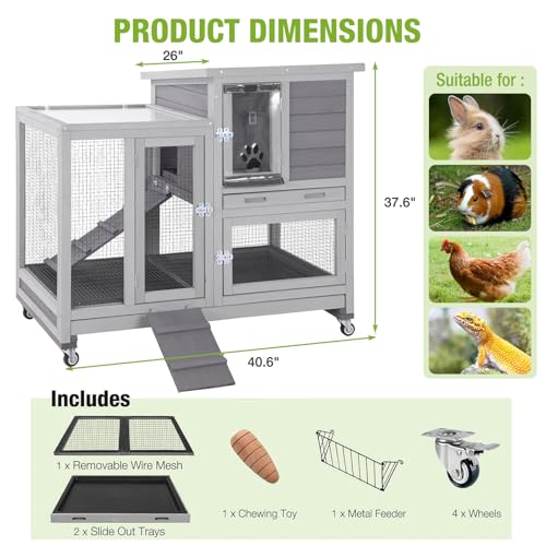 2-Story Rabbit Hutch Indoor Bunny Cage Outdoor Guinea Pig House with Wire Mesh Floor, Leak-Proof Trays, Lockable Wheels for Rabbits, Guinea Pigs, 40.6" L x 26" W x 37.6" H
