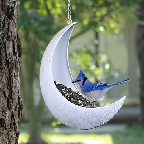 Hanging Moon Bird Feeder – Unique Metal Bird Feeders for Outdoors, Rustic White, Rust-Resistant, Wild Bird Feeder for Bluebirds, Cardinals, Finches, and Backyard Birdwatching - color: Rustic White