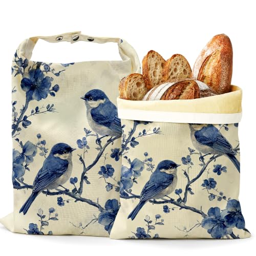 2 Pack Reusable Beeswax Blue Birds Bread Bags, Sourdough Bread Floral Branches Storage for Homemade, Freezer Storage Bag to Keep Fresh, Baguette Bag with Beeswax Liner Kitchen Baking - color: Blue Birds