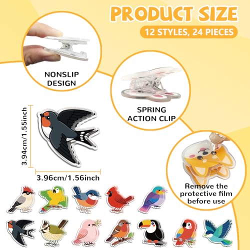 MAYJOYDIY 24Pcs 12 Styles Bird Branch Acrylic Chip Clips Parrot Swallow Robin Bag Sealer Sealing Closures Cute Pink Bird Toucan Bag Clips for Food Storage Airtight Seal Grip - style: Bird
