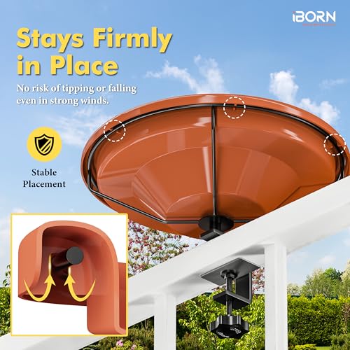 iBorn Bird Bath,Deck Mounted Bird Baths 12inch,Birdbath for Outside with Clamp 3.2inch,BPA-Free Bowl,Chew-Proof,Fully Detachable Design,Easy Clean & Refill,Terracotta,1 Pack（Not Include Fountain） - style: Deck Mounted Bird Bath Terracotta