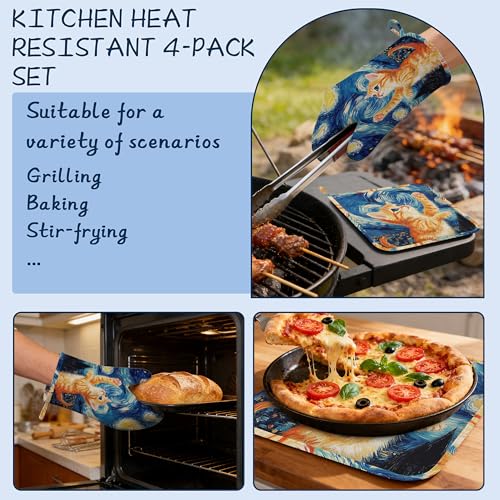 Kitchen Mitts Set,Cute Cat Oven Mitts and Pot Holders Sets,Thick Cotton Heat Resistant Blue Starry Sky Hot Pan Holder Extra Long Cooking Mitts for Cooking Baking Grilling BBQ Bakeries - color: Cute Cat