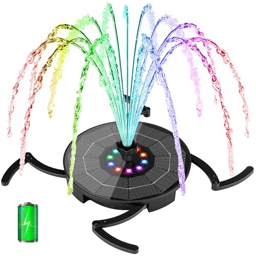 Solar Fountain with LED Lights, Solar Bird Bath Powerd Fountain Works in Cloudy & 2000mAh Battery Backup, 4 Fixed Rods, 7 Nozzles, Outdoor Water Fountain for Brid Bath, Garden, Pool, Pond