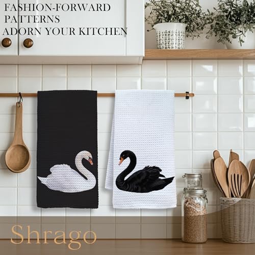 Vintage Swan Kitchen Towels, Rustic Farmhouse Swan Dish Tea Towels for Kitchen, Black and White Elegant Animal Decorative Hand Towel for Bathroom Decor, 16x24 Inch Set of 2 - color: White Swan