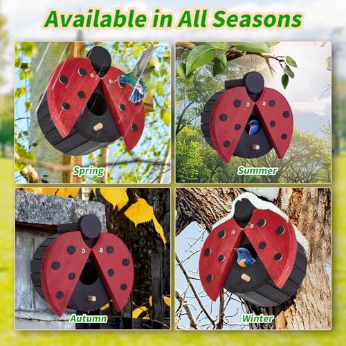Ladybug-Shaped Wooden Bird House for Outside - Cute Hanging Birdhouse for Finches, Wrens, Cardinals, Bluebirds - Weather-Resistant Wild Bird Nesting Box - Garden Decor & Wildlife Habitat