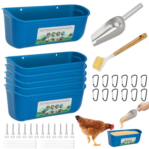 6 Pack Fence Feed Feeder 4.5 Quart Hanging Chicken Feeder Trough with Brush & Scoop Blue Goat Hanging Fence Feeders Feeder with Hooks Screws & Zip Tie for Livestock Feeding Container Goats Supplies - color: Blue, size: 6 Pack