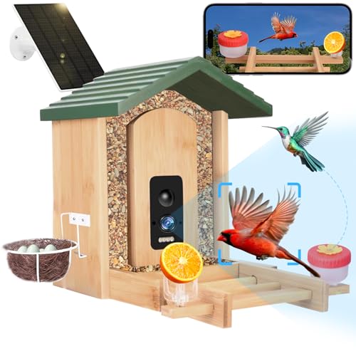 Smart Bird Feeder with Camera Solar Powered, 4K UHD Video Live Stream 8MP Photos, AI Bird Species Identification, Instant Arrival Alerts, Weatherproof Bamboo Design, Best Gift for Bird Lovers