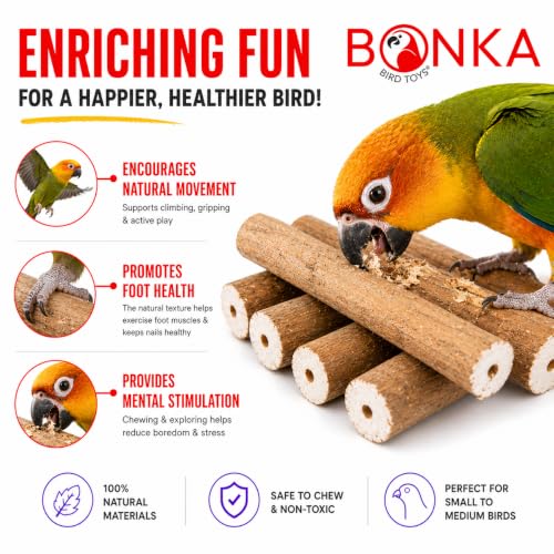 1211 Pk6 Natural Bark Sola Sticks, 6-Pack, 3" Long, 1.25" Diameter, Soft Chew and Foraging Toy for Birds, Parrots, Parakeets, Cockatiels, Lightweight, Natural, Safe, Eco-Friendly | Natural sola root sticks with center holes for chewing, shredding, toy mak
