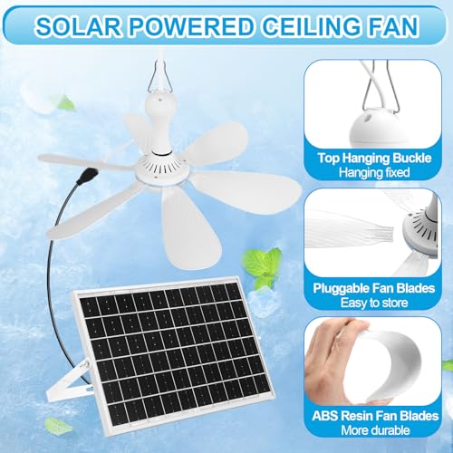 Tujoe Solar Ceiling Fan for Outdoor, 15w USB Portable Ceiling Hanging Fan, Dual Charging Modes & Solar Panel Powered for Chicken Coop, Tent, Greenhouse, Shed, Gazebo