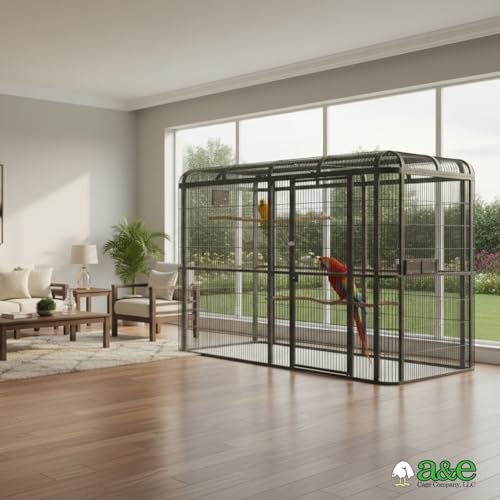 A&E Cage Co WI11062 Walk-in Bird Aviary for Macaws, 110"x62"x79" Black | 69"x25" Locking Front Door, 3 Swing-Out Feeder Doors, Stainless Steel Bowls, Powder-Coated Steel for Large Parrots - size: 110.0"L x 62.0"W x 79.0"H