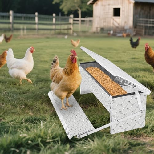 ‎Fsehyue Automatic Chicken Feeder Chook Food Feeder Capacity Treadle Self Opening Pou with Weatherproof Lid Rain Cover for Roosters Pheasant Chicken Outdoor Coop Silver Full Aluminum(11lbs/5000g)