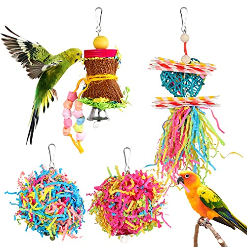 YUEPET 4 Pack Bird Shredder Toys, Foraging Toy for Birds | Paper Strips for Shredding, Small Parrot Chew Toys, Cage Hanging Hooks, For Budgies, Parakeets, Lovebirds & Cockatiels