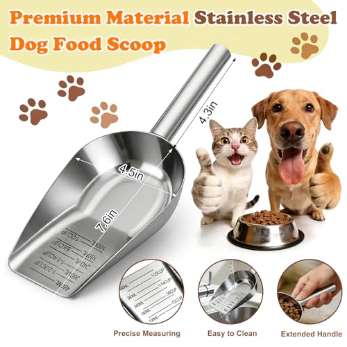 Dog Food Scoop Stainless Steel with Long Handle, Precise Measuring Cups | 1.5, 1 1/4, 1, 3/4, 1/2 Cup, Pet Scoop for Cats, Rabbits, Animals, Metal Spoon for Dog Food Storage (2CUP) - size: 2CUP