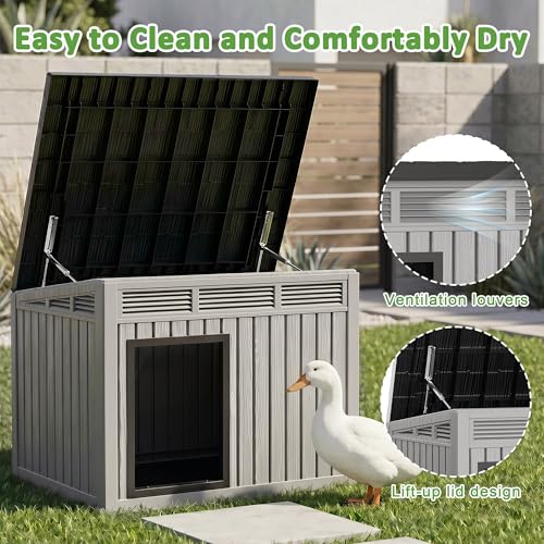 VIXZEN Outdoor Duck/Chicken House, Gray | Resin PP Material, Wood Grain Finish Sloped Roof, Gas Strut Top Opening Ventilated, Spacious Interior & Easy Assembly - color: Grey, size: 32.2"L x 25.1"W x 24.1"H
