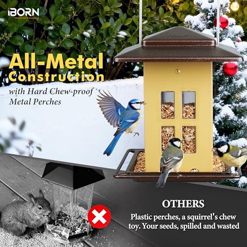 iBorn Bird Feeders for Outdoors, Metal Bird Feeder, Wild Bird Feeders for Cardinal, 2.3LBS Capacity,18cm Large Roof, Lantern Style, Black (Muted Yellow) - color: Muted Yellow