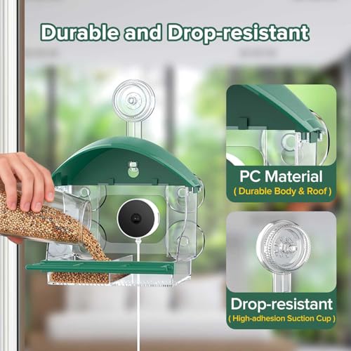 2026 Upgraded Window Bird Feeder with Camera for Bird Watching | 2K Live Video,AI Bird Identification,Instant Arrival Alerts,Support 2.4G/5G WIFI,Featuring 5 Strong Suction Cups.