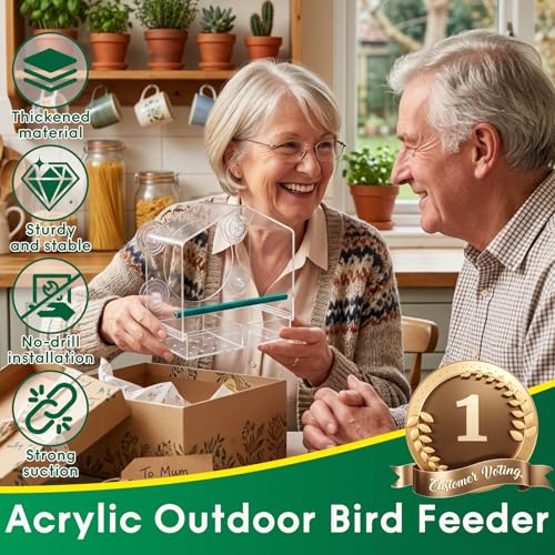 Clear Acrylic Window Bird Feeder for Outside - Transparent Glass Mount Birdhouse with Strong Suction Cups & Tray - Easy Indoor Viewing for Cats, Kids & Elderly