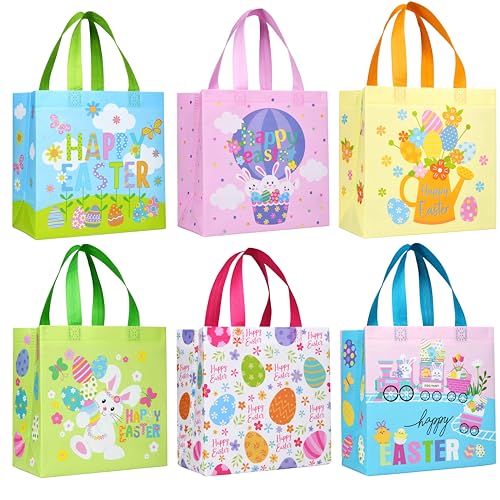 SUNCOLOR Easter Gift Bags, 6 Pack Non-Woven Tote Bags with Bunny Design, 9x9x4.7 Inch, Reusable Party Supplies for Kids Egg Hunt Games