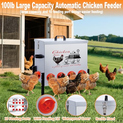 100LB Large Automatic Chicken Feeder–10 Feeding Ports No-Waste Galvanized Metal Chicken Feeder with Adjustable Legs & Locking Lid Poultry Feeder for Chickens,Geese,Ducks,Waterproof