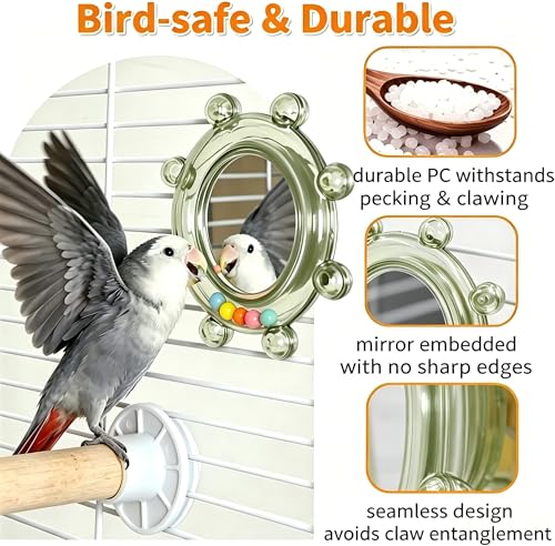 2Pcs Bird Mirror Toys with HD Mirror & Spinner Rattle, Rotating Budgie Enrichment Toy with Rustling Beads, Safe Smooth Edge Bird Cage Toy, Flexible Mounting for Parakeet, Cockatiel & All Small Birds