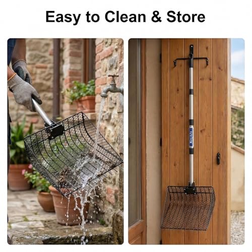 2-in-1 Metal Chicken Poop Scooper & Rake Durable Lightweight Sand Sifting Litter Shovel with Adjustable Long Handle, No-Bend Cleaning Tool for Chicken Coops & Farm Animals & Livestock