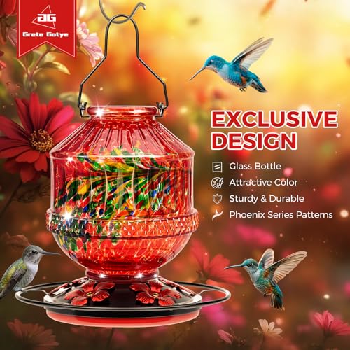 Blown Glass Hummingbird Feeders for Outdoors, 25 Ounces Wild Bird Nectar Feeder with Perch & 5 Flower Feeding Ports Leak Proof Hanging for Garden Backyard Decor, Gifts for Women Mom, Phoenix Red - color: Phoenix Red