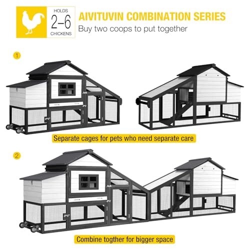 Aivituvin Mobile Chicken Coop with Wheels for 2-4 Chickens, Backyard Expandable Chicken House Duck Cage with Run, 2 Nesting Boxes, Easy Clean Pull-Out Tray, Leak-Resistant Asphalt Roof, 72.3"(Black) - color: Black, size: 72.3"L x 26.0"W x 39.4"H