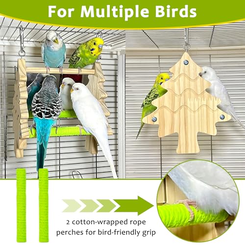 2-Sided HD Bird Mirror Toys, Cotton-Wrapped Parakeet Perches Swing | Kiln-Dried Wooden Frame Hanging Parrot Swing for Cages, No Sharp Edges, Safe Bird Toy for Budgies Lovebirds Cockatiels