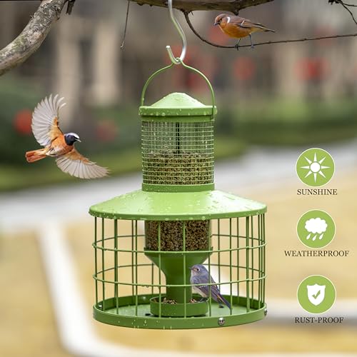 Caged Bird Feeders Squirrel-Proof, Metal, 2.8Lbs Capacity-Cage Tube Seed Feeders with Tray, Hanging Wild Bird Feeders, Attract Birds,Detachable Cleaning, Starling Proof Wild Bird Feeder（Green） - color: Green
