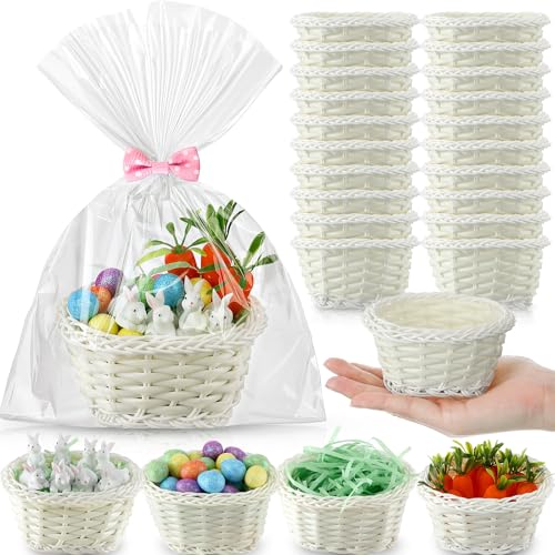 Cinnvoice 24 Sets Mini Easter Party Favor Supplies, Mini Easter Baskets with Eggs, Bunnies, Carrots, Grass & Opp Bags for Spring Egg Hunts, DIY Crafts (White) - color: White