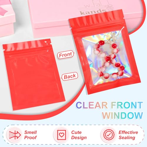 ANZNKU 100PCS Holographic Red Mylar Bags, Resealable Smell Proof 3x4.7 | with Clear Window, Small Business Jewelry Candy Treat Freebie Keychain Packaging, Sealable Plastic Zip Goodie Gift Baggies - color: Red, size: 3 x 4.7 Inch