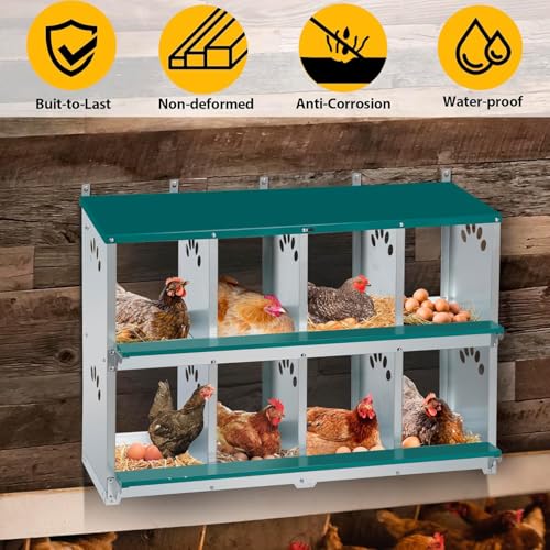 Chicken Nesting Box, 8 Compartment Metal Nesting Box | Wall Mountable Nesting Boxes for Chicken, 42.5" L x 13.0" W x 25.0" H, Green