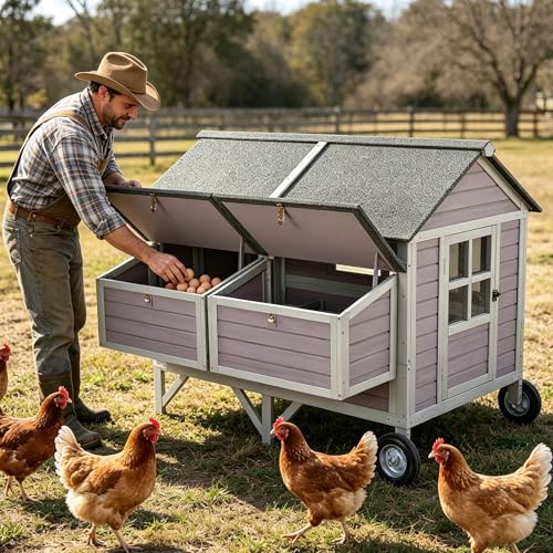 GUTINNEEN Large Chicken Coop with Durable Wheels for 8-10 Chickens, 68.1" Wooden Hen House with 4 Nesting Boxes, 2 Removable Trays & Sturdy Metal Brackets, Mobile Duck Coop Easy Assembly Poultry Cage - color: Grey 21.1ft²