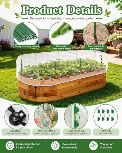 Garden Netting Kit for Raised Beds, 4.9 x 2.3 FT Fine Mesh Plant Cover with Support Stakes & 8 Clips, Wind-Resistant Insect Bird Barrier for Seedlings, Vegetables, Fruits & Patio Planters - size: 4.9×2.3 FT-Oval Shape