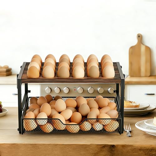 Compact 2-Tier Wooden Egg Holder with Basket, Holds 84+ Eggs | Wooden 2-tier egg holder with basket & carry handle , holds 24+60 chicken, duck & quail eggs - size: 2 Tiers