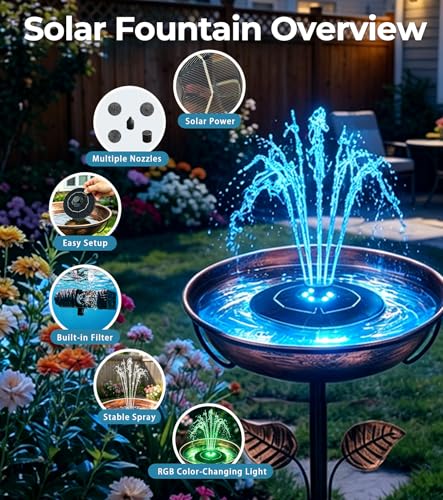 6.3" Solar Bird Bath Fountain with Color LED Lights | 9V/2W Solar Fountain Pump, 800mAh Battery Backup, 4 Fixed Rods 5 Spray Patterns for Birdbath Pond Patio Flowing Water Feature