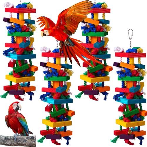 Soulchen 4 Pcs Extra Large Bird Parrot Toy Set Natural Wooden Chewing Toy, Rattan Ball, Wood Nut Loofah String (Bagged) for Large Medium Macaws, African Grey, Parrots (Colorful Ring) - style: Colorful Ring