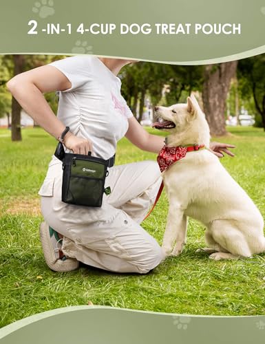 4 Cup Dog Treat Pouch with Silicone Insert Bag& Clicker(Army Green) | 2 Pair Magnetic Closures, Belt Clip/Waist Belt/Crossbody Wear, Zipper Pocket Poop Bag Holder for Pet Training/Daily Walking - color: Army Green