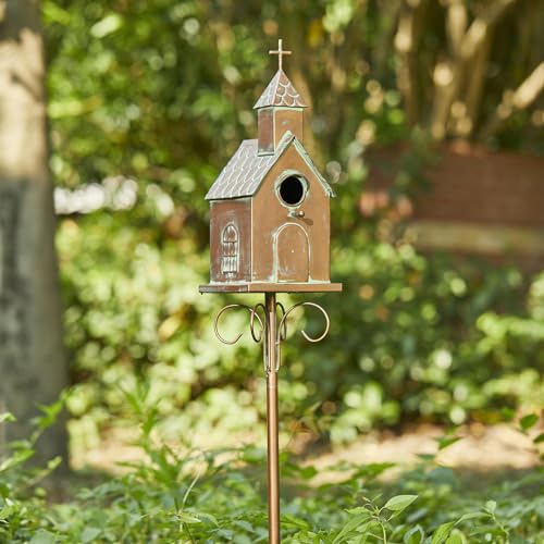 Glitzhome Bird House for Outdoors, 53.00" H Farmhouse Faux Copper Distressed Metal Bird House Church Birdhouse Decorative Garden Birdhouse with Stake