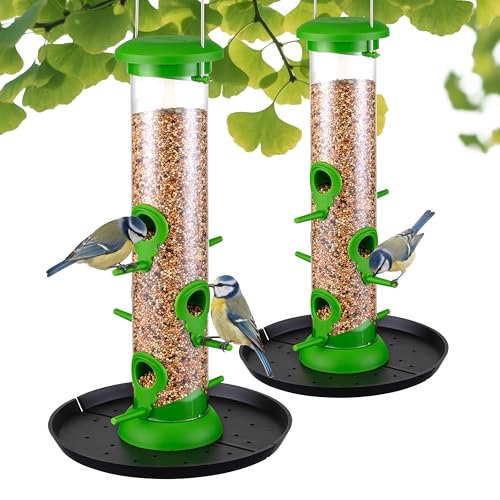 Tube Bird Feeders for Outdoors, 13" 6-Port Seed Catcher, Lawn Green, 2 PK | Spill-Proof, Removable Tray, Drainage Holes, Easy to Clean, Weather-Resistant, Durable for Outdoor - color: Lawn Green, 13 inch with tray, Pack of 2
