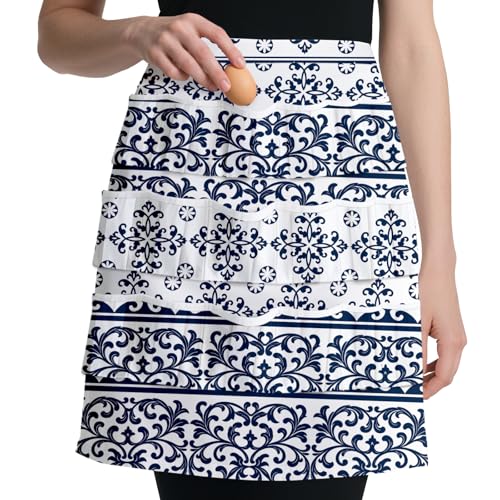 CUTHOLLOW Egg Collecting Apron for Adlut, Housewife, 18 Deep Pockets Hen Egg Gathering Holding Apron with Elastic Closures - style: Vintage Blue and White Classic Pattern