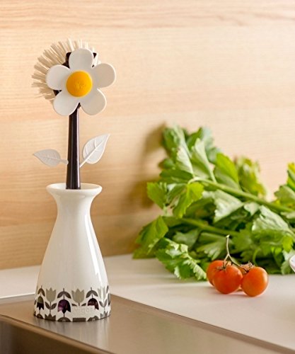 Vigar Flower Power Dish Brush with Handle and Vase Holder - White, Black | Flower-Shaped, Scrub Brush for Dishes, Dishwashing Brush, Kitchen Scrub Brush, Pot Scrubber, Kitchen Essentials - color: White