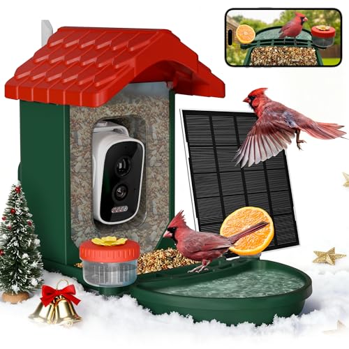 2-in-1 Smart Wild Bird Feeder & Bath with 4K HD Camera, AI Identification Solar Bird Feeder Watching Camera Night Vision for Outdoor Birds Watching Gifts for Birdlover, Red & Green - color: Red & Green
