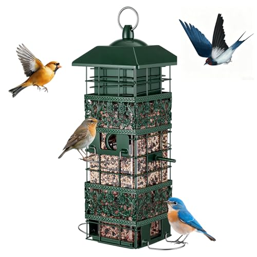 Squirrel Proof Bird Feeder, 2.8LB Weight-Activated Metal Outdoor | Weight-activated guard, metal body, clear seed tube, 4 ports, top-fill, 2.8LB capacity for outdoor backyard bird watching