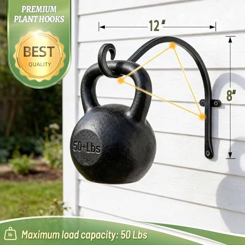 Lifyzoon Hanging Plant Brackets Outdoor: 50lbs Weight Capacity - Hanging Bird Feeder Hangers, 12-Inch 4 Pack Black Metal Outdoor Wall Hooks for Heavy Plants, Birdhouse, Wind Chimes - size: 2B-12“4PCs