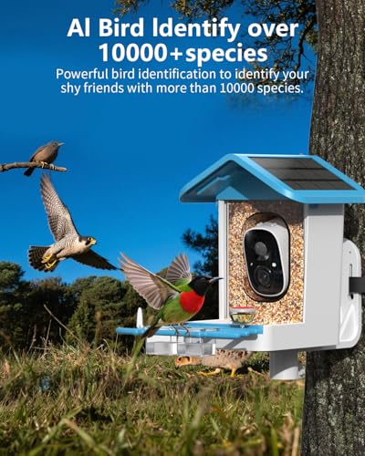 Bird Feeder with Camera, 2K Smart BirdCamera with Solar Powered, AI Identify Birds Species, Instant Arrival Alerts, 2.4Ghz WiFi Bird House for Outdoors, Ideal Gift for Family and Bird Lovers (Blue) - color: Blue
