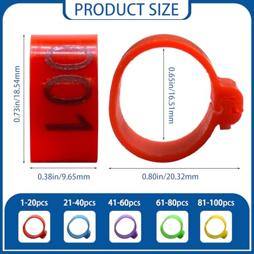 BDS-HOME 100Pcs Numbered Chicken Leg Rings, 16 mm Clip-On Poultry Foot Ring Mark Plastic Anklets Identification Leg Bands Clip Ring for Hens Duck Goose Pigeon Turkeys (5 Color)