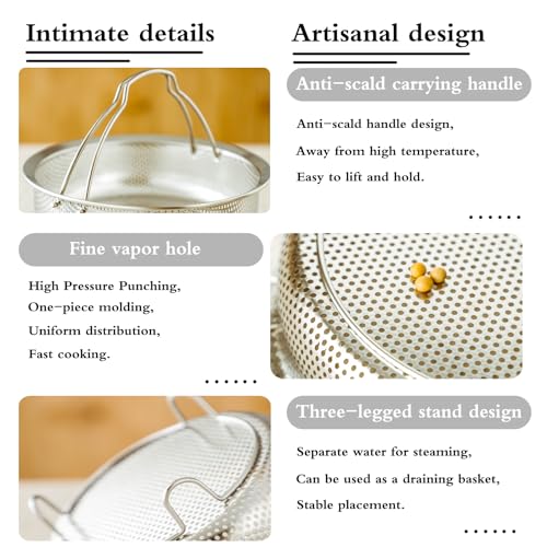 Food Grade Stainless Steel Steamer with Carrying Handle and Three-Legged Stand, Multi-functional Home Steamer and Drainer SUS304 Stainless Steel, Essential for Kitchen Cooking (8.7in)