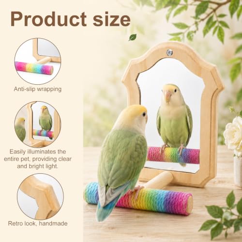 Bird Mirror for Cage Wooden Standing Birds-Mirror Bird Toys for Parakeets | Chewing Perch with Reflective Mirrors Wooden Swing Mirrors for Parrots Budgies Parakeets Cockatiels Lovebirds